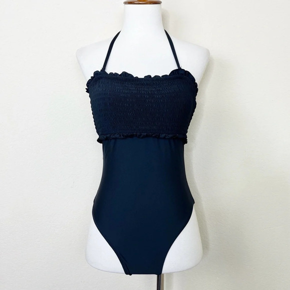 Anthropologie Iris Smocked Halter One-Piece Swimsuit in Black Motif - Picture 3 of 13